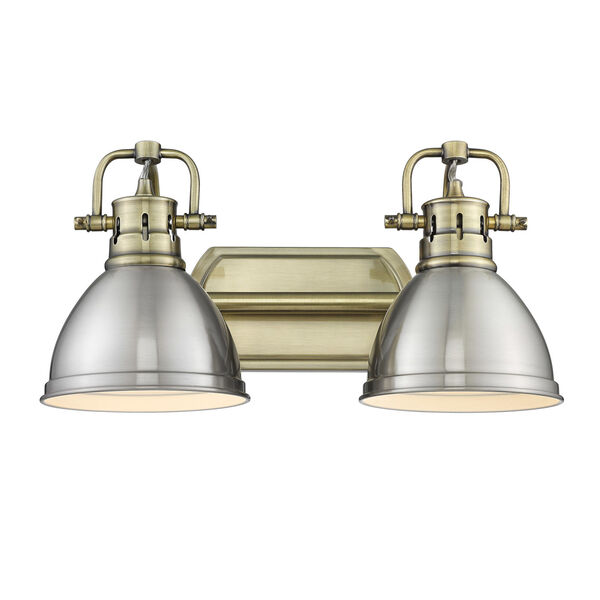 Duncan Aged Brass Two-Light Bath Vanity with Pewter Shades, image 2